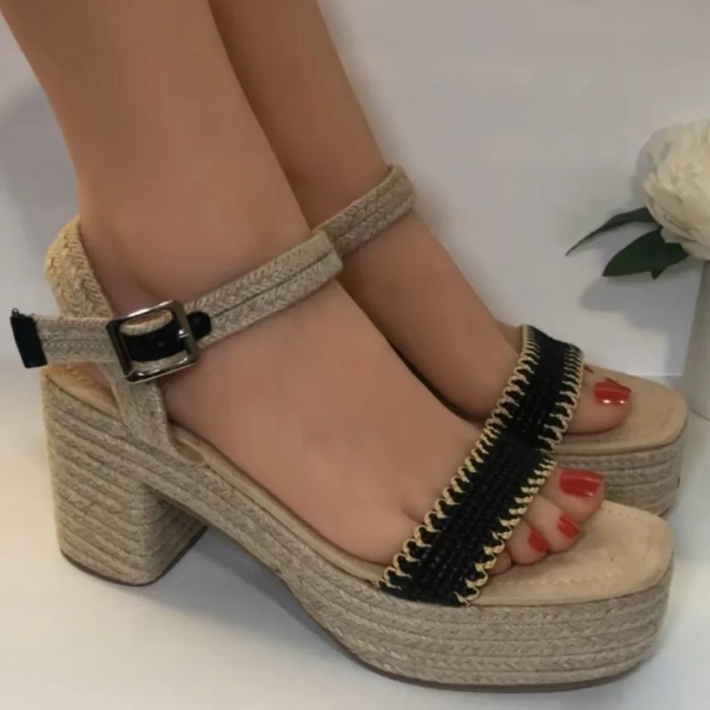 SALE🔥 SZ 11 Black Tan Cream Espadrille Boho Open Toe Chunky Platform Sandals